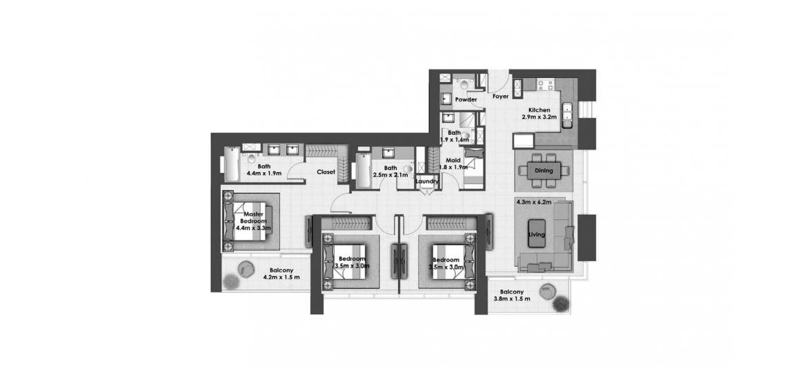 Планировка «CREEKSIDE 18 3BR 151SQM» 3 спальни в ЖК CREEKSIDE 18