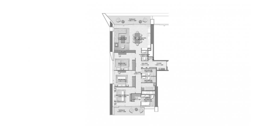 Планировка «C» 3 спальни в ЖК PALACE RESIDENCES