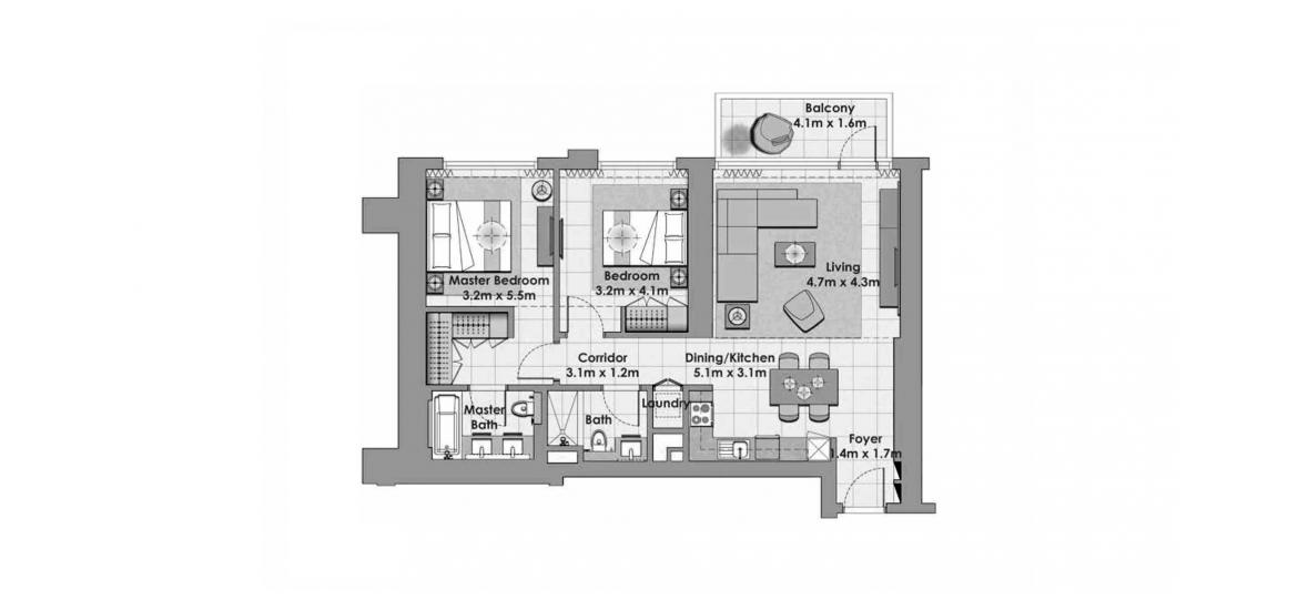 Планировка «CREEK HORIZON 2BR 105SQM» 2 спальни в ЖК CREEK HORIZON